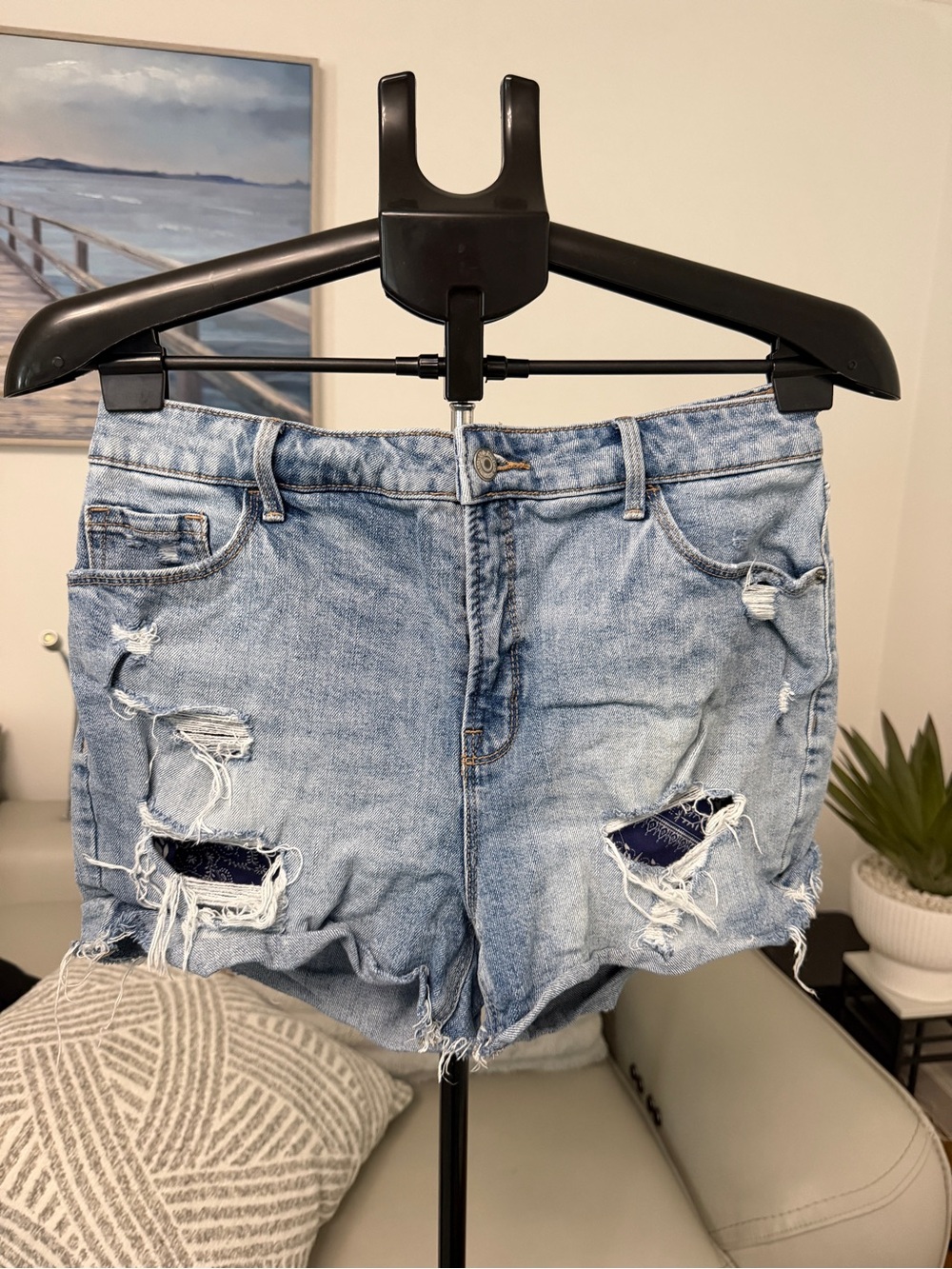 Light Wash Distressed Denim Shorts - Women